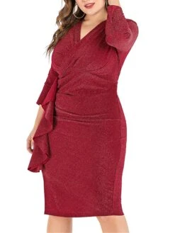 Women‘s Plus Size Curve Work Dress Sheath Dress Semi Formal Dress Fashion Midi Dress Ruffle V Neck Long Sleeve Plain Regular Fit Black Wine Fall Winter XL XXL 3XL 4XL 5XL -Casual Print Dress Sales rfvnqr1691401477101