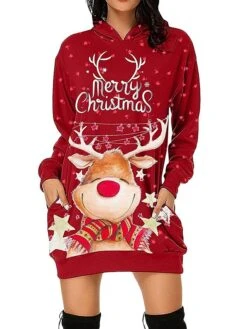 Women's Casual Dress Christmas Dress Hoodie Dress Animal Letter Pocket Print Hooded Mini Dress Active Fashion Outdoor Christmas Long Sleeve Loose Fit Black Wine Khaki Fall Winter S M L XL XXL