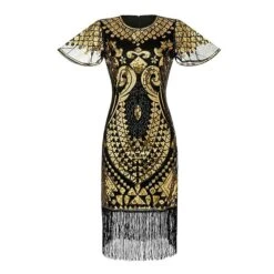 Women's Retro 1920s Fringe Dress Midi Dress Party Halloween Sequins Tassel Fringe Floral V Neck Short Sleeve Regular Fit Spring Fall 2023 Silver Black S M L XL -Casual Print Dress Sales rguzuh1692849711501