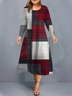 Women's Plus Size Curve Christmas Dress Casual Dress Skater Dress Plaid Midi Dress Long Sleeve Print Crew Neck Fashion Outdoor White Wine Fall Winter L XL XXL 3XL 4XL