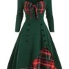 Women‘s Christmas Swing Dress Plaid Dress Vintage Dress Midi Dress Green Long Sleeve Plaid Button Winter Fall Spring Square Neck Modern Vacation 2022 S M L XL XXL 3XL