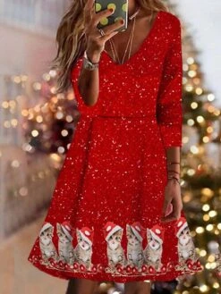 Women's Christmas Swing Dress Vintage Dress Mini Dress Wine Light Red Dark Blue Long Sleeve Deer Patchwork Winter Fall Autumn V Neck Vacation 2022 S M L XL XXL 3XL 4XL 5XL 6XL -Casual Print Dress Sales rigdva1667904077545