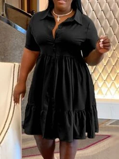 Women‘s Plus Size Curve Shirt Dress Solid Color Shirt Collar Ruffle Half Sleeve Spring Summer Casual Knee Length Dress Daily Holiday Dress -Casual Print Dress Sales rigfct1656491036611