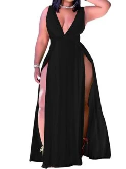 Women‘s Plus Size Curve Holiday Dress Solid Color V Neck Ruched Sleeveless Spring Summer Prom Dress Maxi Long Dress Daily Holiday Dress Split -Casual Print Dress Sales riltwu1641980952739