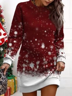 Women's Christmas Casual Dress Sweatshirt Dress Mini Dress Warm Fashion Outdoor Vacation Crew Neck Print Snowman Loose Fit Wine Navy Blue Blue S M L XL XXL