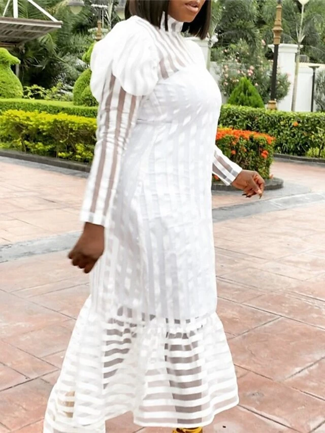 Women's White Dress Long Dress Maxi Dress White Long Sleeve Striped Print Winter Fall Autumn Turtleneck Winter Dress Fall Dress S M L XL XXL 3XL 3 Women's White Dress Long Dress Maxi Dress White Long Sleeve Striped Print Winter Fall Autumn Turtleneck Winter Dress Fall Dress S M L XL XXL 3XL - Image 3