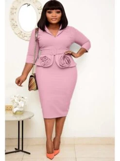 Women‘s Plus Size Curve Easter Dress Work Dress Solid Color Shirt Collar 3/4 Length Sleeve Spring Fall Work Elegant Casual Knee Length Dress Formal Dress