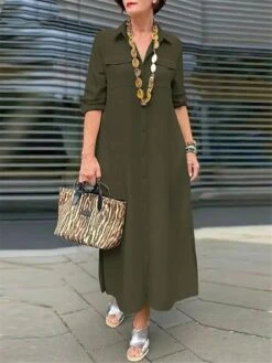 Women's Shirt Dress Casual Dress Maxi Long Dress Outdoor Daily Polyester Basic Classic Shirt Collar Button Pocket Long Sleeve Summer Spring Fall 2023 Loose Fit ArmyGreen Navy Blue Khaki Pure Color S -Casual Print Dress Sales rkyvzh1689043119927