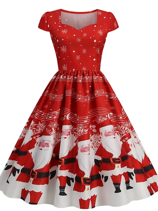 Women's Christmas Swing Dress Vintage DressKnee Length Dress Blue Wine Red Light BlueShort Sleeve Santa Claus Snowman Tree Print Fall Winter Square Neck Vintage Elegant Slim 2022 S M L XL 2 Women's Christmas Swing Dress Vintage DressKnee Length Dress Blue Wine Red Light BlueShort Sleeve Santa Claus Snowman Tree Print Fall Winter Square Neck Vintage Elegant Slim 2022 S M L XL - Image 2