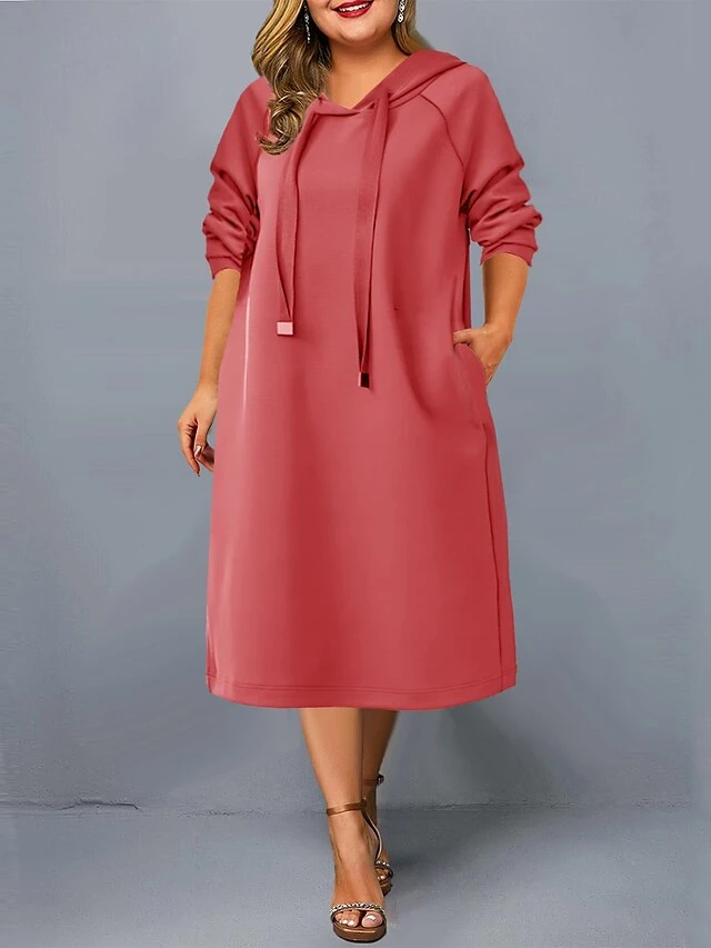 Women's Plus Size Curve Casual Dress Hoodie Dress Winter Dress Plain Midi Dress Long Sleeve Ruched Hooded Fashion Outdoor Black Red Fall Winter L XL XXL 3XL 4XL 7 Women's Plus Size Curve Casual Dress Hoodie Dress Winter Dress Plain Midi Dress Long Sleeve Ruched Hooded Fashion Outdoor Black Red Fall Winter L XL XXL 3XL 4XL - Image 7