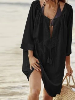 Women's Swimwear Cover Up Beach Dress Normal Swimsuit Lace Up UV Protection Modest Swimwear Pure Color Light Blue Black White Blue Scoop Neck Bathing Suits New Vacation Stylish -Casual Print Dress Sales rmgpzq1645522756409