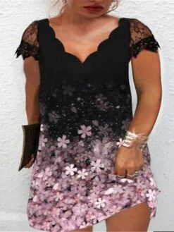 Women‘s Plus Size Curve Shift Dress Floral V Neck Lace Short Sleeve Spring Summer Stylish Casual Short Mini Dress Daily Vacation Dress Print -Casual Print Dress Sales rmlynk1644372282128