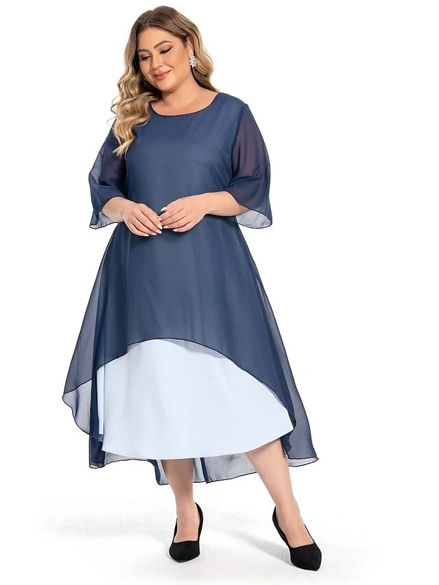 Women‘s Plus Size Curve Casual Dress Work Dress Chiffon Dress Plain Long Dress Maxi Dress Half Sleeve Layered Plus High Low Crew Neck Elegant Outdoor Blue Summer Spring L XL XXL 3XL 4XL 4 Women‘s Plus Size Curve Casual Dress Work Dress Chiffon Dress Plain Long Dress Maxi Dress Half Sleeve Layered Plus High Low Crew Neck Elegant Outdoor Blue Summer Spring L XL XXL 3XL 4XL - Image 4