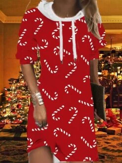 Women's Christmas Hoodie Dress Shift Dress Mini Dress Black Gold Wine Long Sleeve Plaid Print Fall Spring Hooded Fashion Christmas Daily Loose Fit 2022 S M L XL XXL 3XL -Casual Print Dress Sales rnnped1667562070886