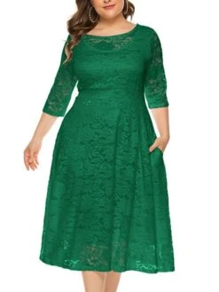 Women‘s Plus Size Curve Party Dress Black Dress Floral Crew Neck Lace 3/4 Length Sleeve Spring Fall Work Prom Dress Midi Dress Party -Casual Print Dress Sales rnnwvd1628496514708