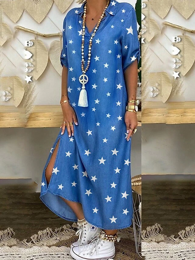 Women's Shirt Dress Swing Dress Maxi Long Dress Outdoor Daily Vacation Cotton Linen Stylish Modern Shirt Collar Split Print Short Sleeve Summer Spring 2023 Loose Fit Black Red Blue Geometric Letter 7 Women's Shirt Dress Swing Dress Maxi Long Dress Outdoor Daily Vacation Cotton Linen Stylish Modern Shirt Collar Split Print Short Sleeve Summer Spring 2023 Loose Fit Black Red Blue Geometric Letter - Image 7