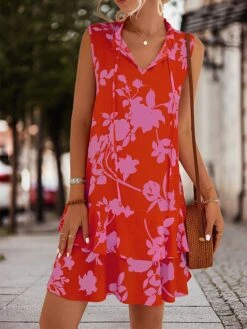 Women's Casual Dress Tank Dress Print Dress Floral Layered Print V Neck Mini Dress Active Fashion Outdoor Daily Sleeveless Regular Fit Fuchsia Orange Spring Summer S M L XL