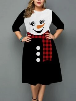 Women‘s Christmas Plus Size Work Dress Snowman Crew Neck 3/4 Length Sleeve Fall Winter Work Elegant Knee Length Dress Going Out Dress