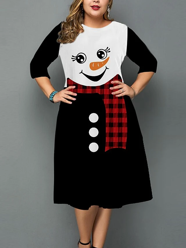Women‘s Christmas Plus Size Work Dress Snowman Crew Neck 3/4 Length Sleeve Fall Winter Work Elegant Knee Length Dress Going Out Dress 1 Women‘s Christmas Plus Size Work Dress Snowman Crew Neck 3/4 Length Sleeve Fall Winter Work Elegant Knee Length Dress Going Out Dress