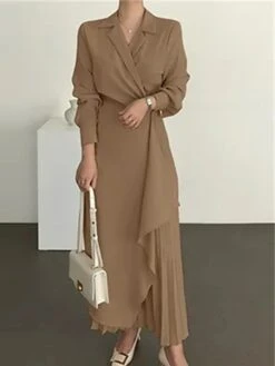 Women's Casual Dress Wrap Dress Plain Dress Long Dress Maxi Dress Pleated Outdoor Street Daily Fashion Streetwear Shirt Collar Long Sleeve 2023 Regular Fit Black Brown Apricot Color S M L XL XXL Size -Casual Print Dress Sales rpqrfc1690460926442