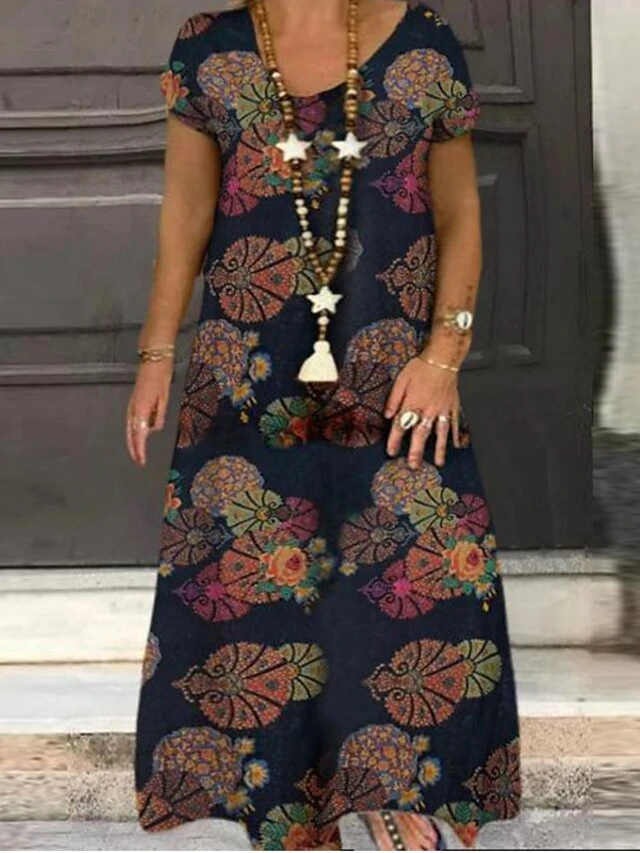 Women's Plus Size Curve A Line Dress Floral V Neck Print Short Sleeve Spring Summer Charm Casual Classic Maxi Long Dress Daily Vacation Dress / Graphic 1 Women's Plus Size Curve A Line Dress Floral V Neck Print Short Sleeve Spring Summer Charm Casual Classic Maxi Long Dress Daily Vacation Dress / Graphic
