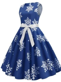 Women's Christmas Knee Length Dress Blue Green Red Sleeveless Print Bow Print Fall Winter Round Neck Casual Vintage2021 S M L XL XXL -Casual Print Dress Sales rpuicy1630045081754