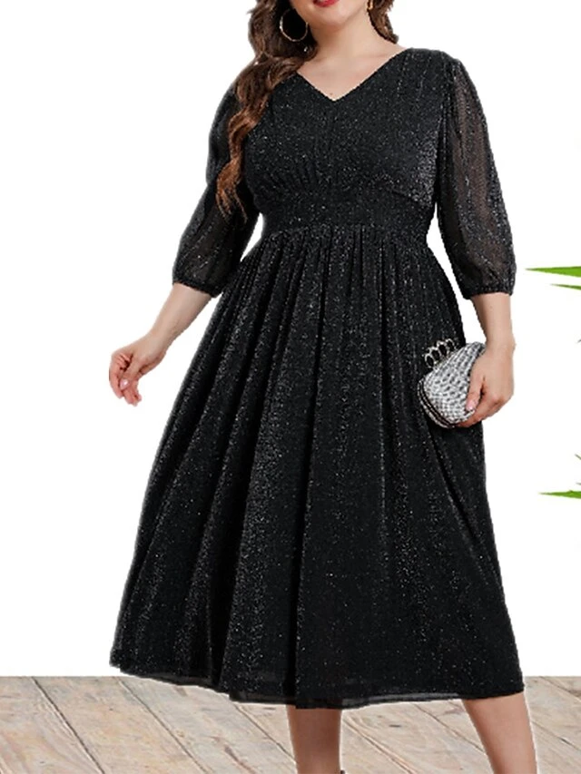 Women's Plus Size Curve Party Dress Black Dress A Line Dress Solid Color Midi Dress 3/4 Length Sleeve Ruched Patchwork V Neck Fashion Wedding Black Spring Fall XL XXL 3XL 4XL 1 Women's Plus Size Curve Party Dress Black Dress A Line Dress Solid Color Midi Dress 3/4 Length Sleeve Ruched Patchwork V Neck Fashion Wedding Black Spring Fall XL XXL 3XL 4XL