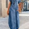 Women's Casual Dress Denim Shirt Dress Maxi Long Dress Denim Fashion Casual Outdoor Daily Vacation Shirt Collar Zipper Pocket Short Sleeve Summer Spring 2023 Loose Fit Blue Plain S M L XL 2XL