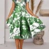 Women's Midi Dress Green Short Sleeve Floral Ruched Summer Spring V Neck Casual 2023 S M L XL XXL 3XL