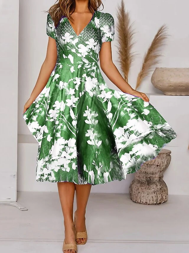 Women's Midi Dress Green Short Sleeve Floral Ruched Summer Spring V Neck Casual 2023 S M L XL XXL 3XL 1 Women's Midi Dress Green Short Sleeve Floral Ruched Summer Spring V Neck Casual 2023 S M L XL XXL 3XL