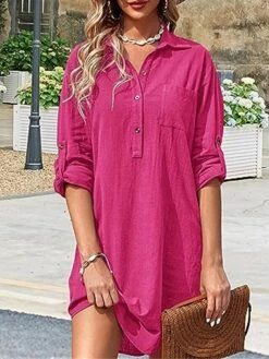 Women's Shirt Dress Casual Dress Mini Dress Outdoor Daily Cotton Linen Basic Classic Shirt Collar Button Pocket Long Sleeve Summer Spring Fall 2023 Loose Fit Black White Pink Pure Color S M L XL 2XL -Casual Print Dress Sales rqxqyw1691465491140