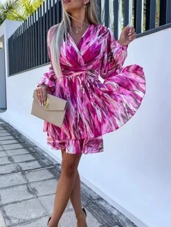 Women's Casual Dress Chiffon Dress Wrap Dress Color Block Stripe Lace Up Print V Neck Mini Dress Fashion Modern Outdoor Daily Long Sleeve Loose Fit Blue Fuchsia Summer Spring S M L XL XXL