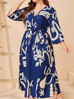 Women's Plus Size Work Dress Swing Dress Semi Formal Dress Fashion Long Dress Maxi Dress Lace Up Print V Neck 3/4 Length Sleeve Color Block Graffiti Regular Fit Navy Blue Fall Winter XL XXL 3XL 4XL