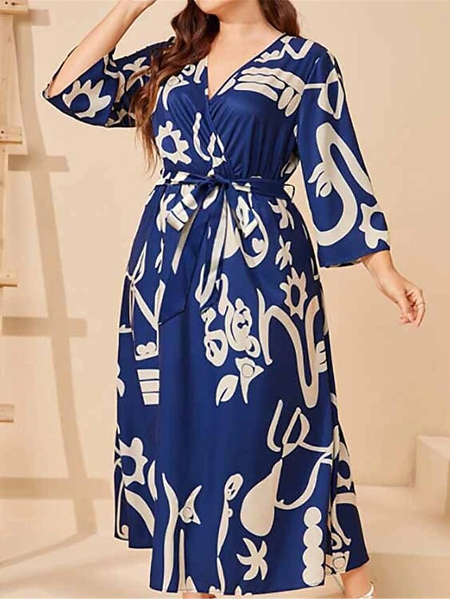 Women's Plus Size Work Dress Swing Dress Semi Formal Dress Fashion Long Dress Maxi Dress Lace Up Print V Neck 3/4 Length Sleeve Color Block Graffiti Regular Fit Navy Blue Fall Winter XL XXL 3XL 4XL 1 Women's Plus Size Work Dress Swing Dress Semi Formal Dress Fashion Long Dress Maxi Dress Lace Up Print V Neck 3/4 Length Sleeve Color Block Graffiti Regular Fit Navy Blue Fall Winter XL XXL 3XL 4XL
