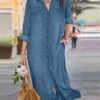 Women's Shirt Dress Casual Dress Midi Dress Outdoor Daily Denim Fashion Modern Shirt Collar Button Pocket Long Sleeve Summer Spring Fall 2023 Loose Fit Black Navy Blue Blue Pure Color S M L XL 2XL