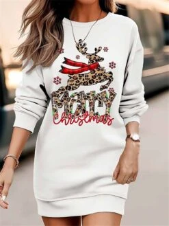 Women‘s Christmas Casual Dress Sweatshirt Dress Mini Dress Warm Fashion Outdoor Holiday Crew Neck Print Santa Claus Tree Loose Fit White Red Brown S M L XL XXL -Casual Print Dress Sales rsimcm1695096338064