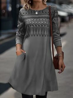 Women's Casual Dress T Shirt Dress Tee Dress Print Dress Geometric Color Block Pocket Print Crew Neck Midi Dress Fashion Streetwear Outdoor Daily Long Sleeve Regular Fit Blue Fuchsia Brown Spring Fall -Casual Print Dress Sales rslyco1692011441235