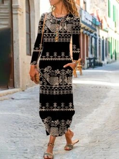 Women's Casual Dress Print Dress Floral Tribal Pocket Print Crew Neck Long Dress Maxi Dress Fashion Streetwear Outdoor Daily Long Sleeve Regular Fit Yellow Fall S M L XL XXL