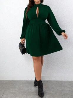 Women's Plus Size Curve Casual Dress A Line Dress Knit Dress Solid Color Midi Dress Long Sleeve Ruched Cut Out Stand Collar Fashion Outdoor Green Fall Winter XL XXL 3XL -Casual Print Dress Sales rtlxni1697706408907
