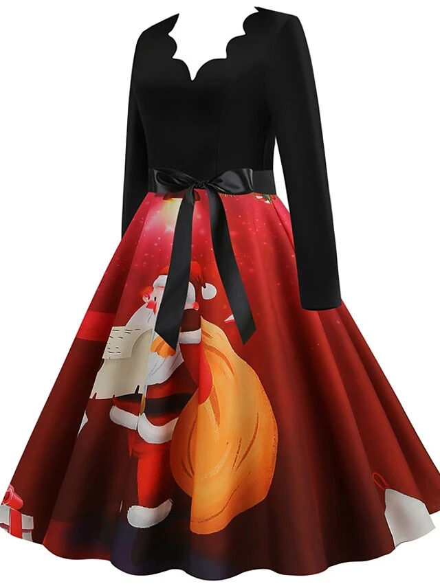 Women's Christmas Casual Dress Swing Dress Midi Dress Green Wine Light Red Fuchsia Red Long Sleeve Santa Claus Elk Bow Print Winter Fall V Neck Vacation Vintage 2022 S M L XL XXL 3XL 12 Women's Christmas Casual Dress Swing Dress Midi Dress Green Wine Light Red Fuchsia Red Long Sleeve Santa Claus Elk Bow Print Winter Fall V Neck Vacation Vintage 2022 S M L XL XXL 3XL - Image 12