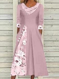 Women's Casual Dress Summer Dress Print Dress Floral Button Pocket V Neck Midi Dress Fashion Streetwear Outdoor Street Half Sleeve Loose Fit Pink Navy Blue Blue Summer Spring S M L XL XXL