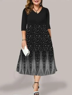 Women's Plus Size Curve Casual Dress Work Dress Swing Dress Floral Long Dress Maxi Dress 3/4 Length Sleeve Pocket Print V Neck Fashion Outdoor Black Blue Fall Winter L XL XXL 3XL 4XL -Casual Print Dress Sales rtytnq1694594864726