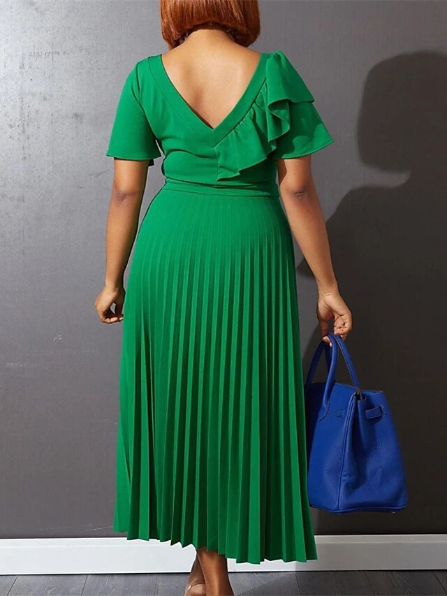 Women‘s Plus Size Curve Party Dress Solid Color V Neck Ruched Short Sleeve Fall Spring Work Prom Dress Maxi Long Dress Party Holiday Dress Ruffle 3 Women‘s Plus Size Curve Party Dress Solid Color V Neck Ruched Short Sleeve Fall Spring Work Prom Dress Maxi Long Dress Party Holiday Dress Ruffle - Image 3