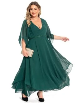 Women‘s Plus Size Curve Casual Dress Swing Dress Plain Long Dress Maxi Dress 3/4 Length Sleeve Layered V Neck Basic Outdoor Dark Green Summer Spring L XL XXL 3XL 4XL -Casual Print Dress Sales ruftyj1694771213129