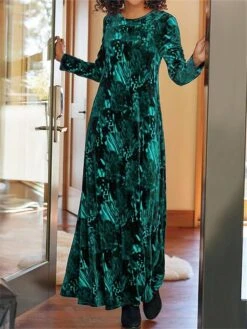 Women's Casual Dress Velvet Dress Winter Dress Floral Pocket Print Crew Neck Long Dress Maxi Dress Fashion Streetwear Outdoor Daily Long Sleeve Loose Fit Yellow Wine Blue Fall Winter S M L XL XXL -Casual Print Dress Sales ruguam1695897152006