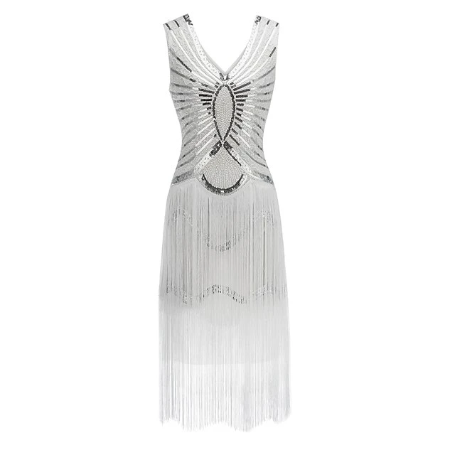 Women's Retro 1920s Fringe Dress Midi Dress Party Halloween Sequins Tassel Fringe Geometric V Neck Sleeveless Regular Fit Spring Fall 2023 Black White S M L XL 2 Women's Retro 1920s Fringe Dress Midi Dress Party Halloween Sequins Tassel Fringe Geometric V Neck Sleeveless Regular Fit Spring Fall 2023 Black White S M L XL - Image 2