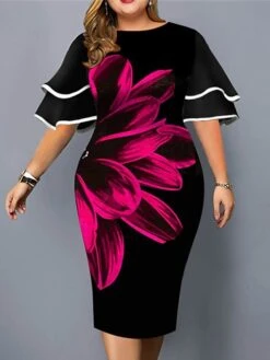 Women‘s Plus Size Curve Party Dress Floral Crew Neck Ruffle Short Sleeve Spring Fall Work Casual Prom Dress Midi Dress Casual Daily DressPrint -Casual Print Dress Sales ruouwm1637920826638