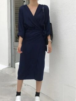 Women's Shirt Dress Wrap Dress Midi Dress Brown Dark Blue Beige Long Sleeve Pure Color Lace Summer Spring Deep V Elegant Winter Dress Fall Dress Loose Fit 2023 S M L XL -Casual Print Dress Sales rupqky1626758830934