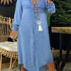 Women‘s Plus Size Curve Casual Dress Shirt Dress Shift Dress Solid Color Long Dress Maxi Dress Long Sleeve Button Pocket Shirt Collar Basic Daily Light Sky Blue Fall Spring L XL XXL 3XL 4XL