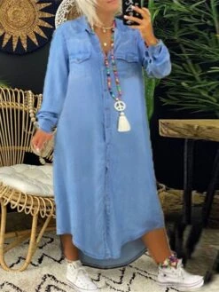 Women‘s Plus Size Curve Casual Dress Shirt Dress Shift Dress Solid Color Long Dress Maxi Dress Long Sleeve Button Pocket Shirt Collar Basic Daily Light Sky Blue Fall Spring L XL XXL 3XL 4XL